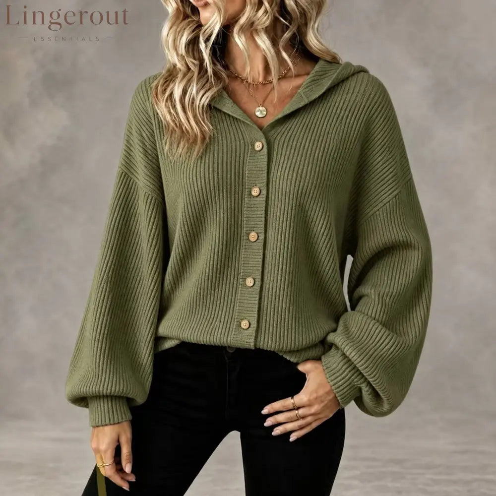 Vertical Rib Knit Hooded Button Down Balloon Sleeve Cardigan - Army green / S