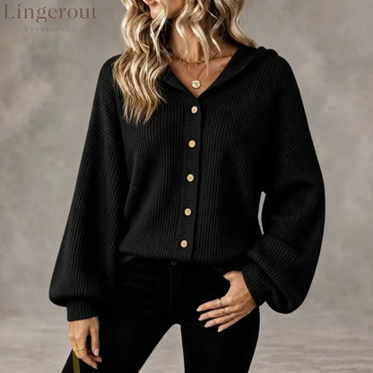 Vertical Rib Knit Hooded Button Down Balloon Sleeve Cardigan - Black / S