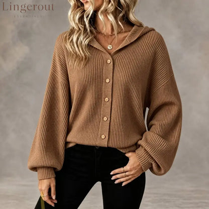 Vertical Rib Knit Hooded Button Down Balloon Sleeve Cardigan - Dark brown / S