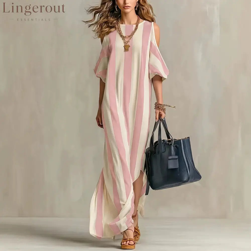 Vertical Stripe Cold Shoulder Split Maxi Shift Dress