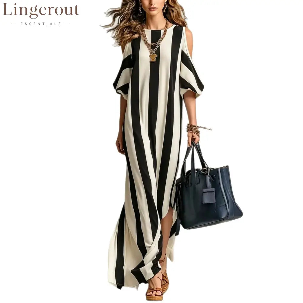 Vertical Stripe Cold Shoulder Split Maxi Shift Dress
