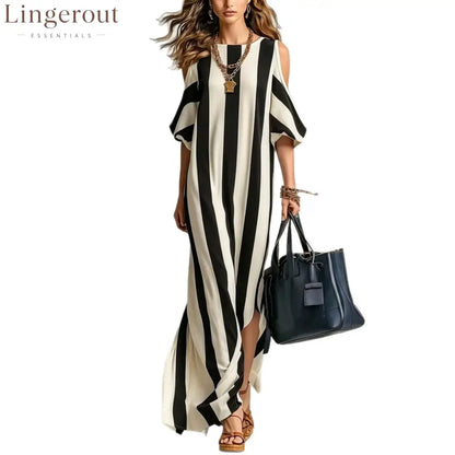Vertical Stripe Cold Shoulder Split Maxi Shift Dress