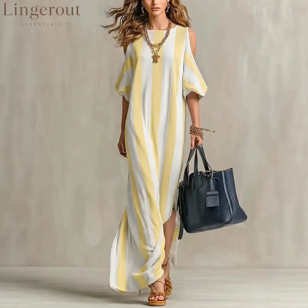 Vertical Stripe Cold Shoulder Split Maxi Shift Dress