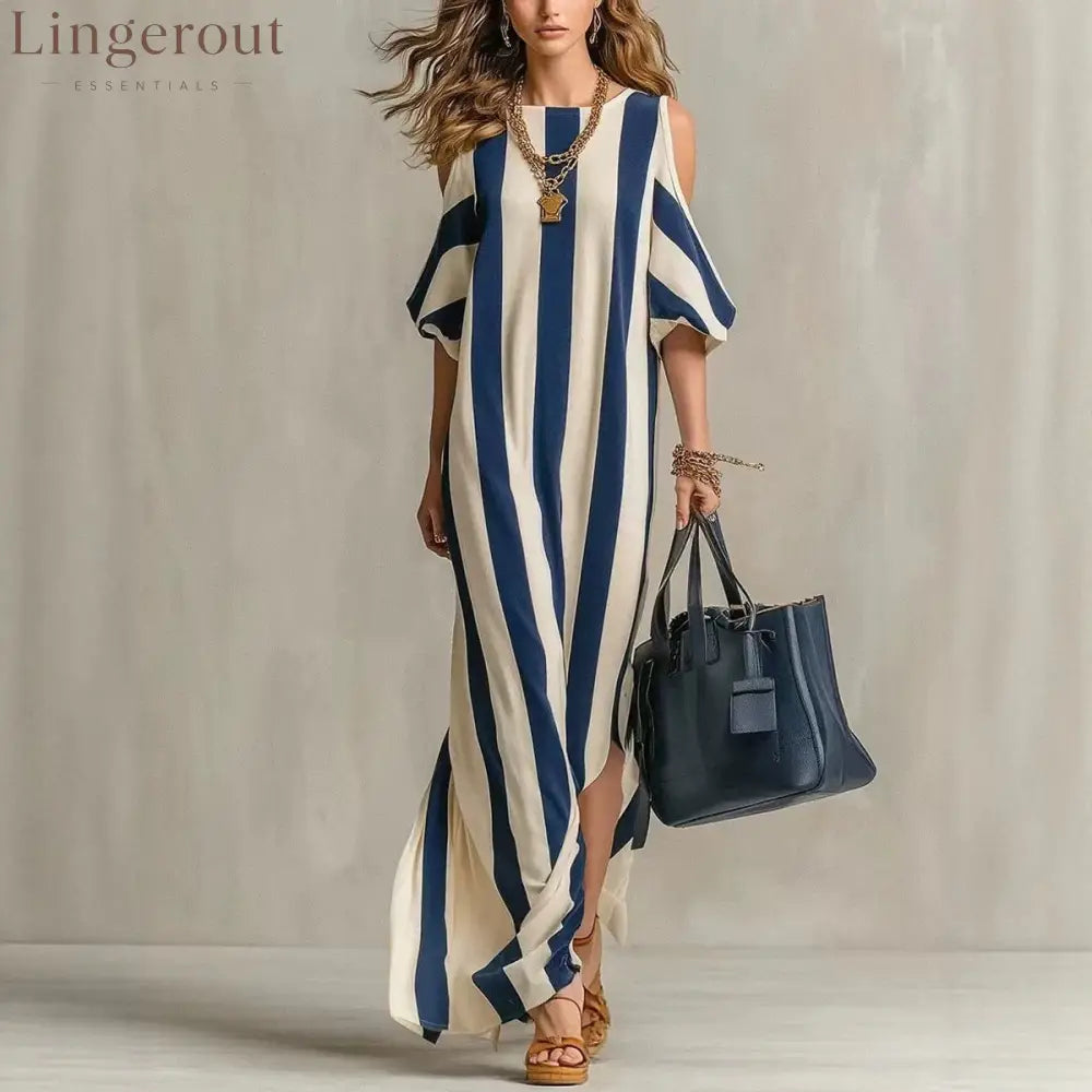 Vertical Stripe Cold Shoulder Split Maxi Shift Dress