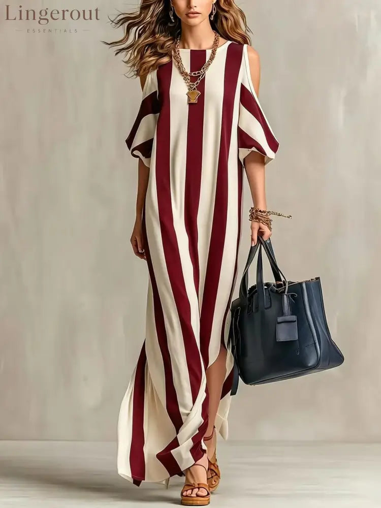 Vertical Stripe Cold Shoulder Split Maxi Shift Dress - Claret / S