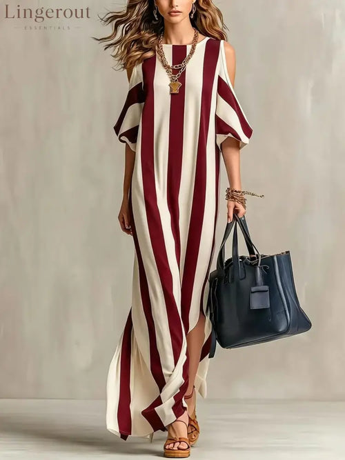 Vertical Stripe Cold Shoulder Split Maxi Shift Dress - Claret / S
