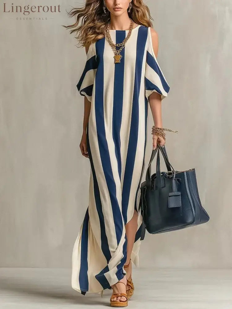 Vertical Stripe Cold Shoulder Split Maxi Shift Dress - Dark blue / S