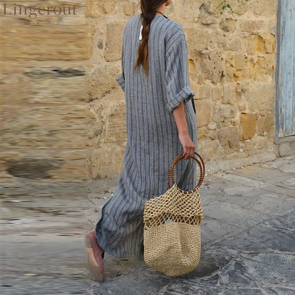 Vertical Stripe Linen Notch V-Neck Midi Tunic Dress