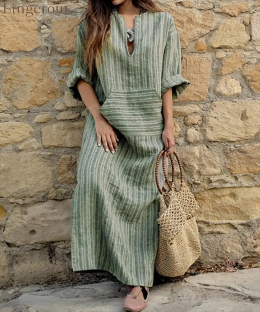Vertical Stripe Linen Notch V-Neck Midi Tunic Dress - Green / S
