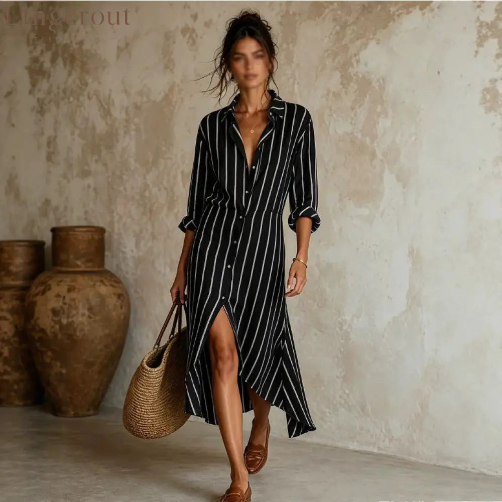 Vertical Stripe Linen Shirt Asymmetrical High Low Midi Dress