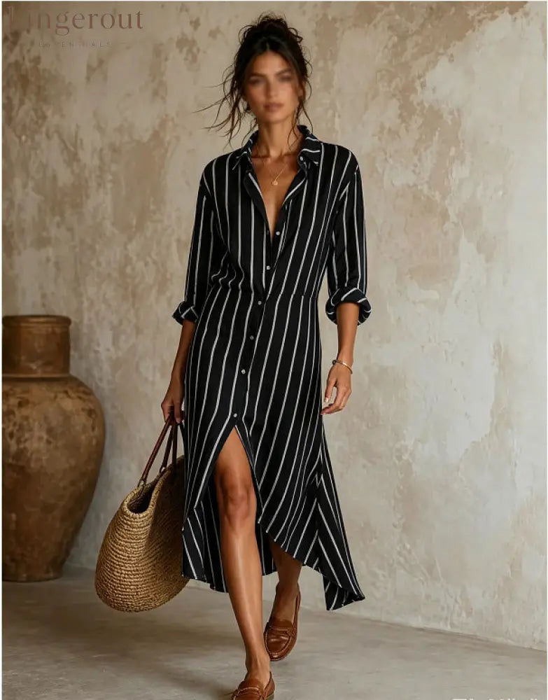 Vertical Stripe Linen Shirt Asymmetrical High Low Midi Dress - Black / S