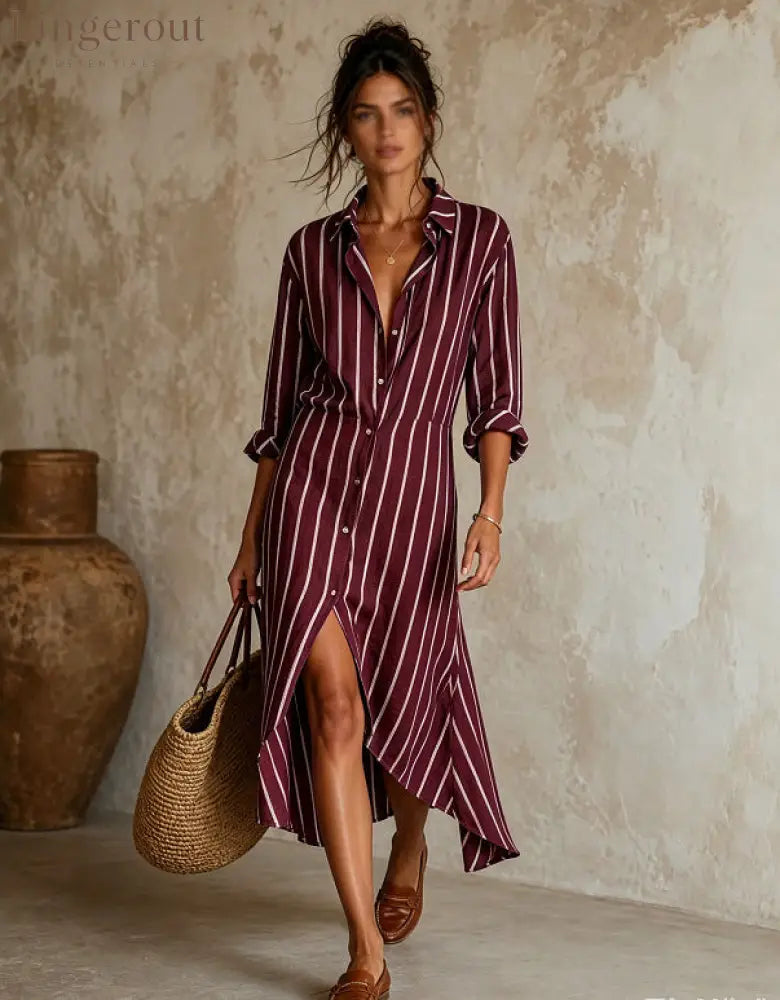 Vertical Stripe Linen Shirt Asymmetrical High Low Midi Dress - Claret / S