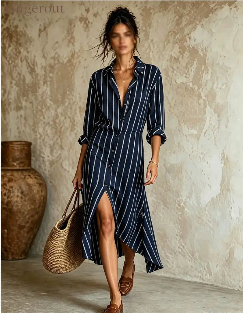 Vertical Stripe Linen Shirt Asymmetrical High Low Midi Dress - Navy blue / S