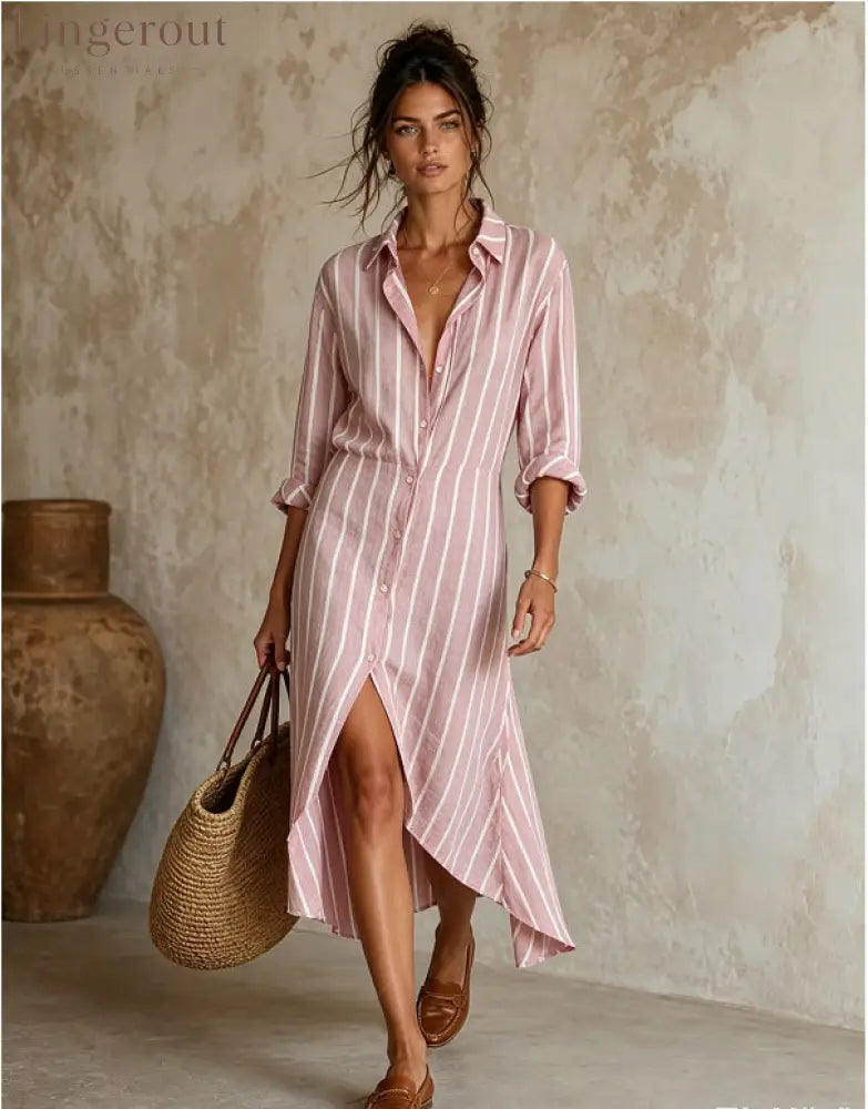 Vertical Stripe Linen Shirt Asymmetrical High Low Midi Dress - Pink / S