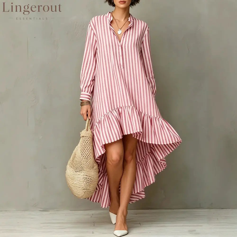 Vertical Stripe Long Sleeve Hi-Lo Ruffle Hem Shirt Midi Dress