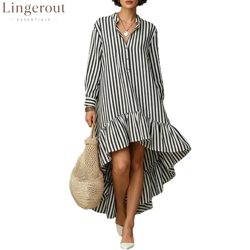 Vertical Stripe Long Sleeve Hi-Lo Ruffle Hem Shirt Midi Dress