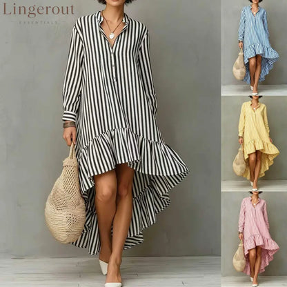 Vertical Stripe Long Sleeve Hi-Lo Ruffle Hem Shirt Midi Dress