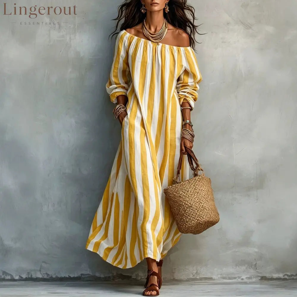 Vertical‑Stripe Off‑Shoulder Linen Maxi Dress