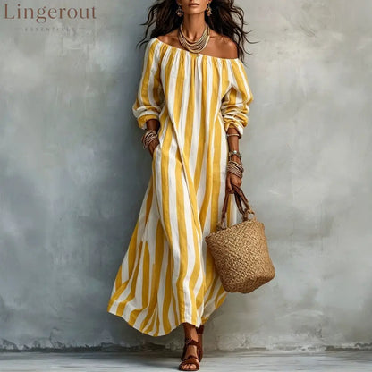 Vertical‑Stripe Off‑Shoulder Linen Maxi Dress