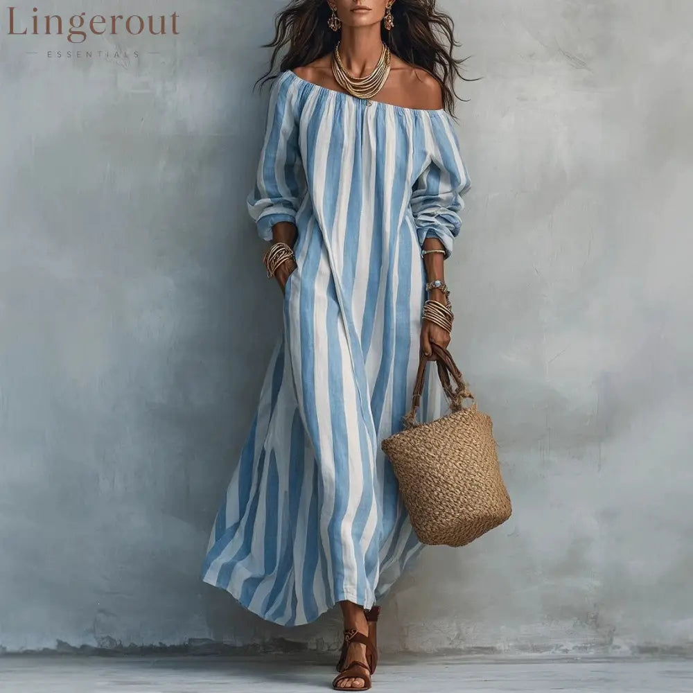 Vertical‑Stripe Off‑Shoulder Linen Maxi Dress