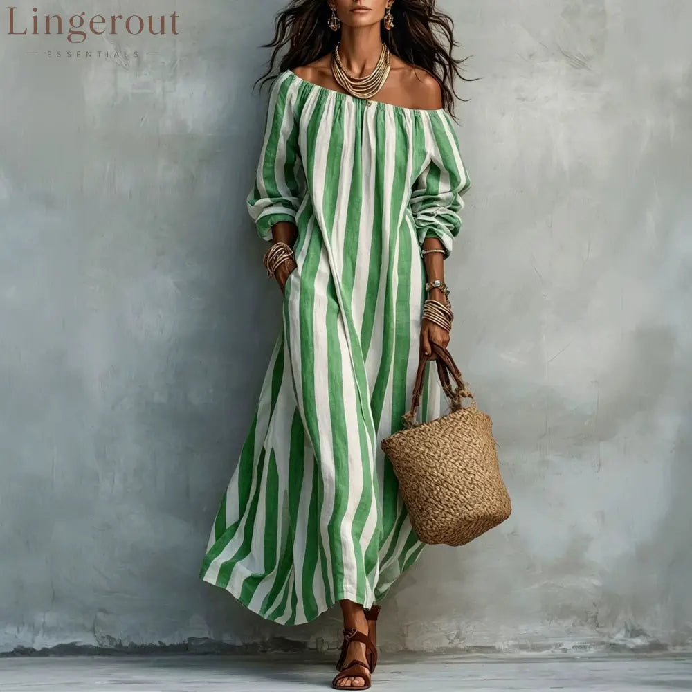 Vertical‑Stripe Off‑Shoulder Linen Maxi Dress