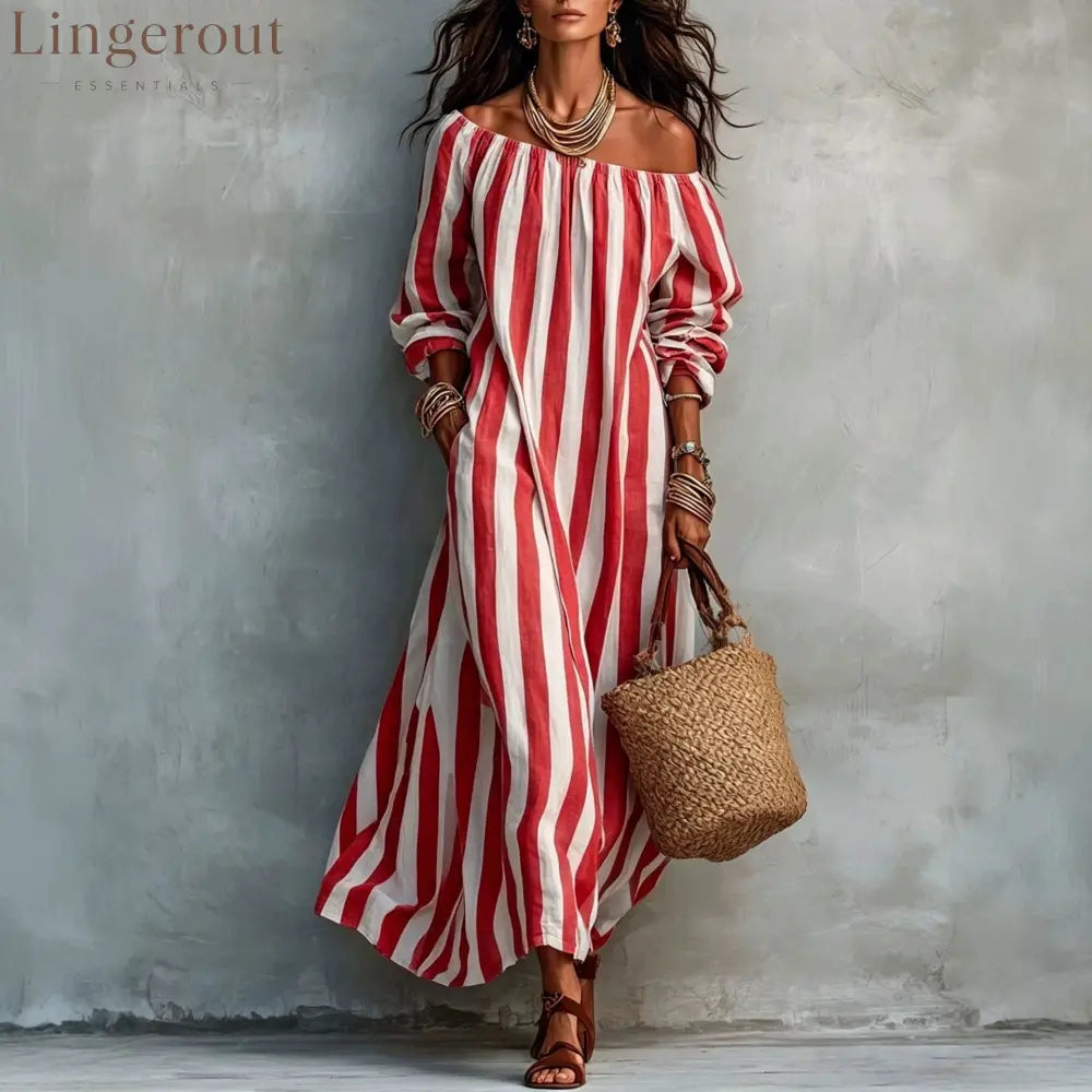 Vertical‑Stripe Off‑Shoulder Linen Maxi Dress