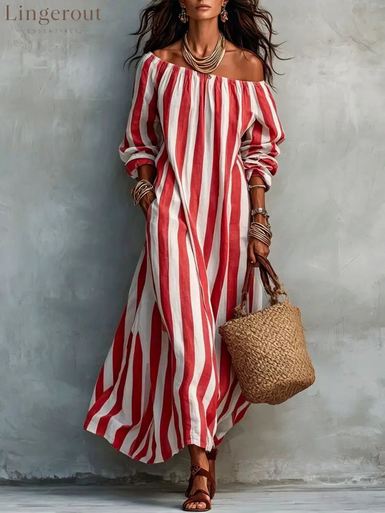 Vertical‑Stripe Off‑Shoulder Linen Maxi Dress - Red / S
