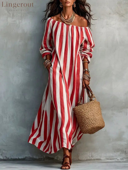 Vertical‑Stripe Off‑Shoulder Linen Maxi Dress - Red / S