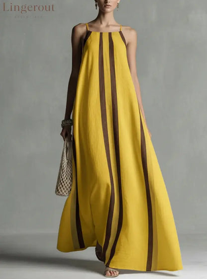 Vertical Stripe Spaghetti Strap Loose Flowy Maxi Dress - Sunflower color / S