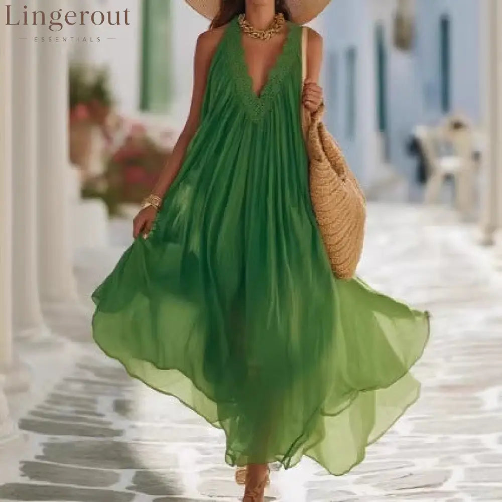 Vibrant Green Crochet Lace Halter Sheer Chiffon Flow Maxi Kaftan Dress