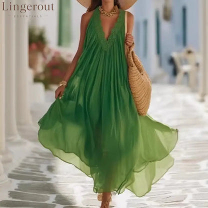 Vibrant Green Crochet Lace Halter Sheer Chiffon Flow Maxi Kaftan Dress