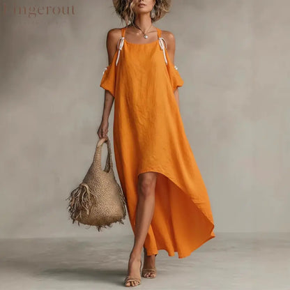 Vibrant Orange Cold-Shoulder High-Low Maxi Dress