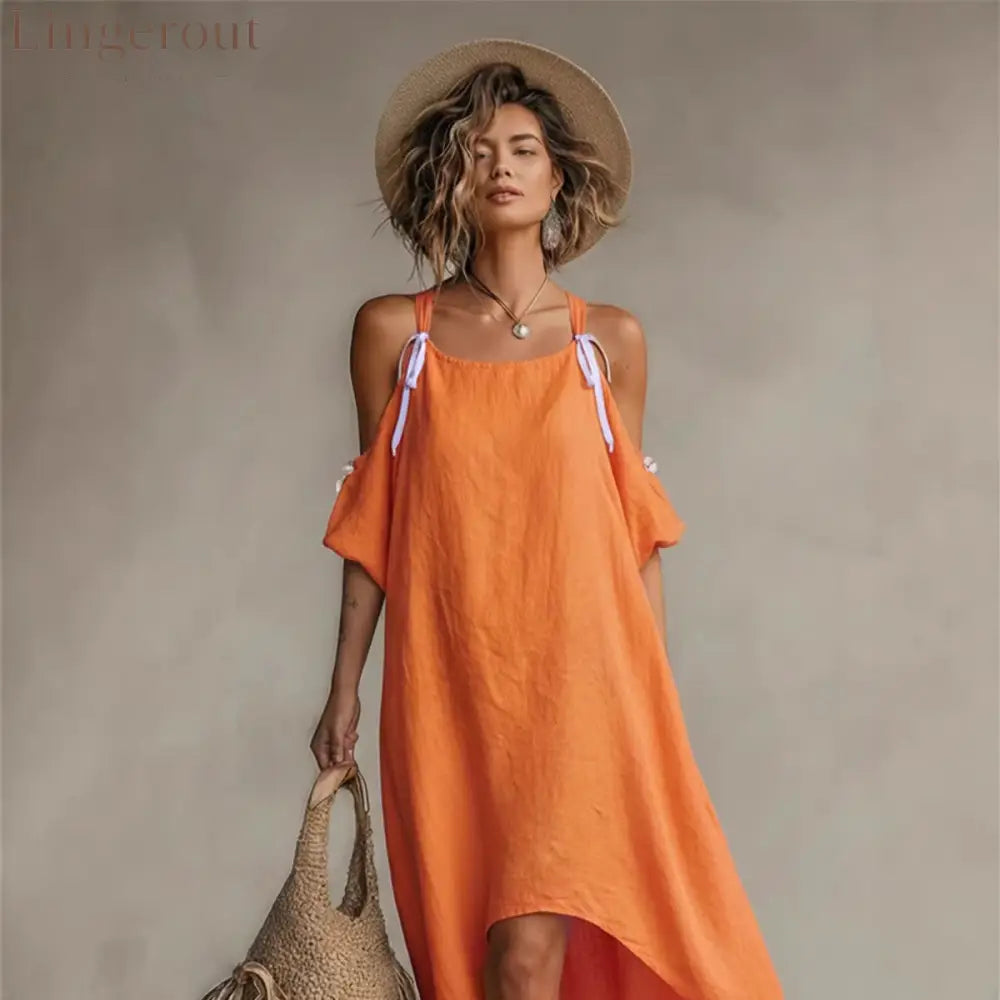 Vibrant Orange Cold-Shoulder High-Low Maxi Dress