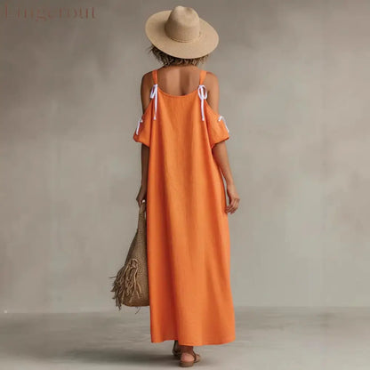 Vibrant Orange Cold-Shoulder High-Low Maxi Dress