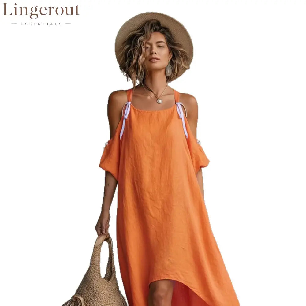 Vibrant Orange Cold-Shoulder High-Low Maxi Dress