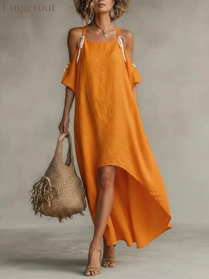 Vibrant Orange Cold-Shoulder High-Low Maxi Dress - Orange / S