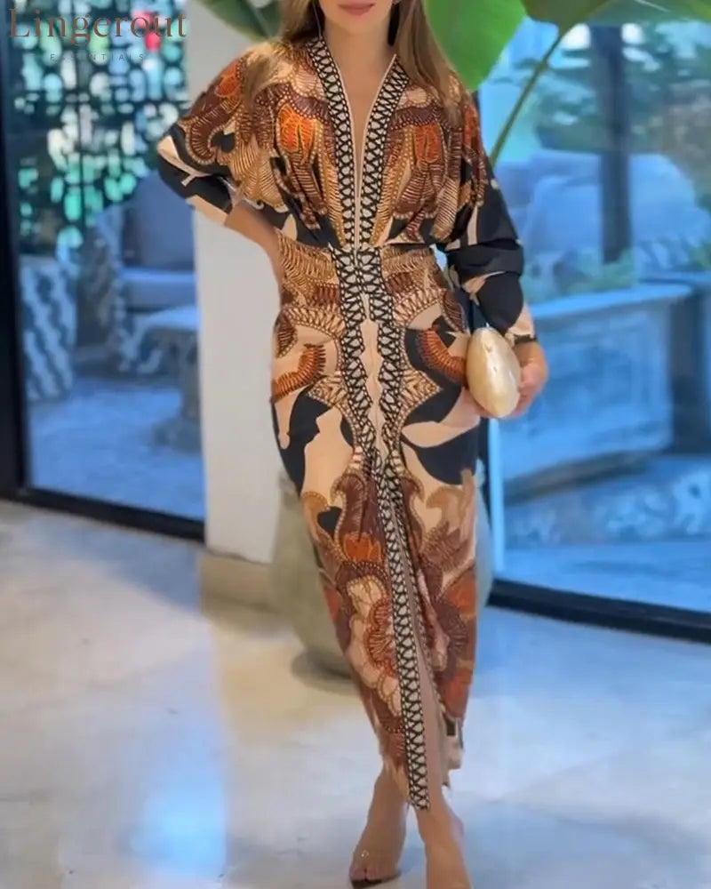 Vintage Baroque Deep V Neck Long Sleeve Slit Bodycon Dress Ruched Slim Fit Vacation Dress