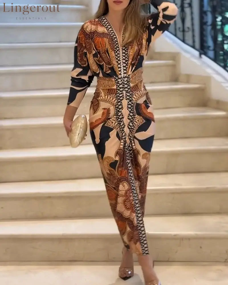 Vintage Baroque Deep V Neck Long Sleeve Slit Bodycon Dress Ruched Slim Fit Vacation Dress