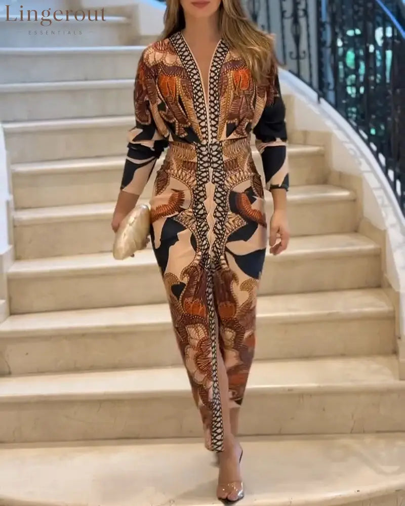 Vintage Baroque Deep V Neck Long Sleeve Slit Bodycon Dress Ruched Slim Fit Vacation Dress