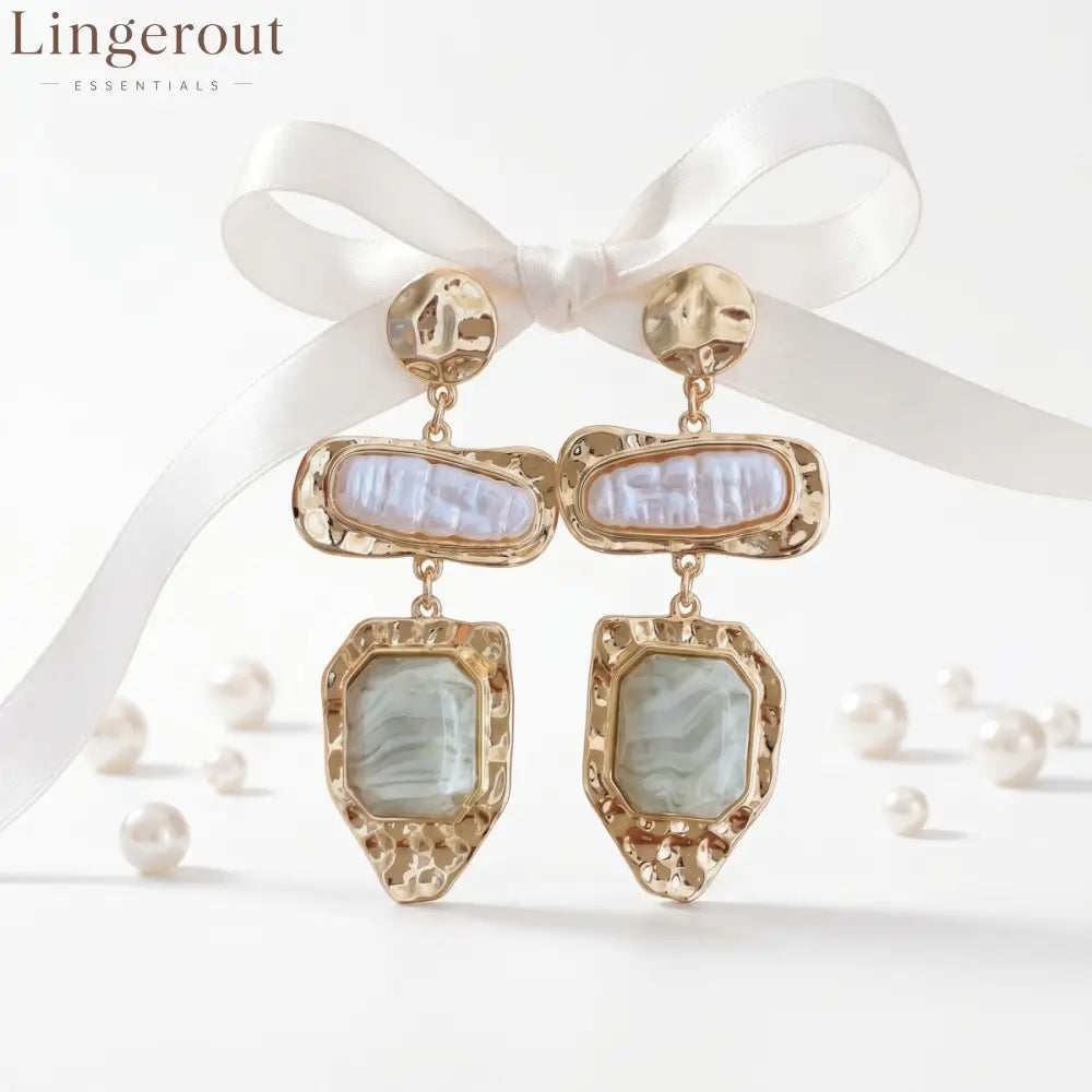 Vintage Layered Baroque Pearl Agate Drop Earrings 14K Gold Plated Textured Dangle Earrings for Women - EH5797