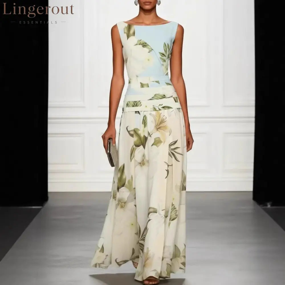 Vintage Lily Floral Color Block Maxi Gown