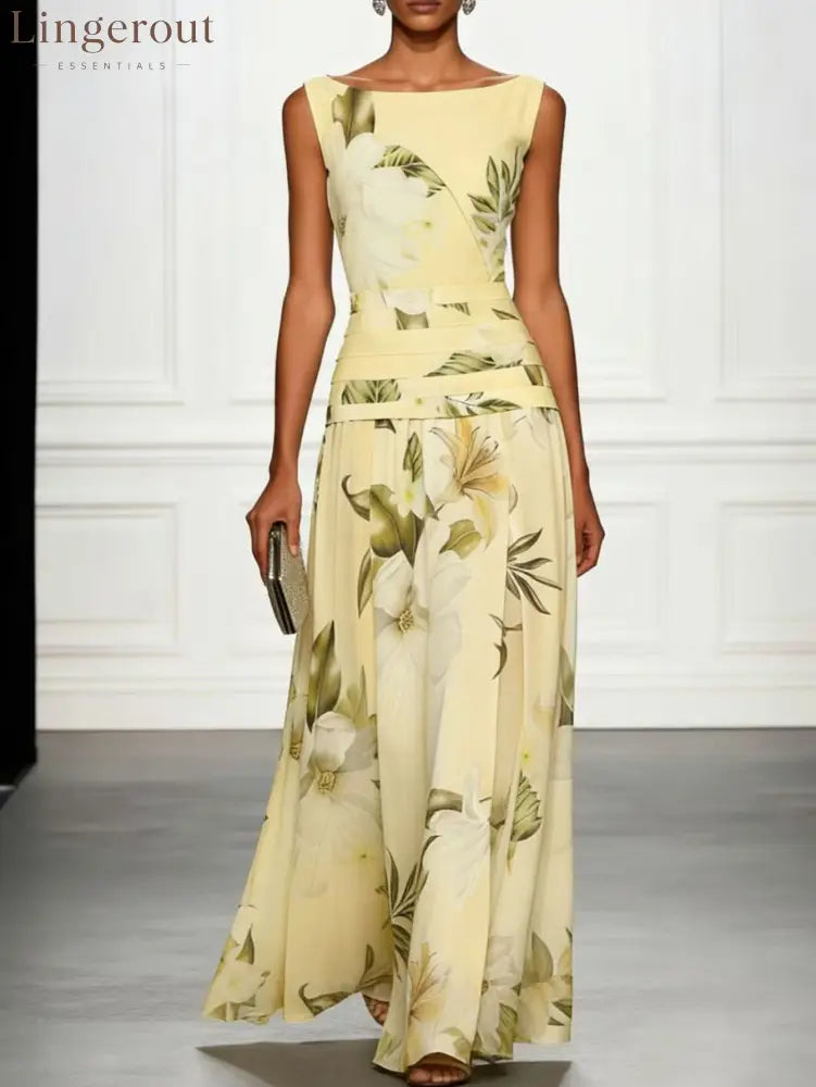 Vintage Lily Floral Color Block Maxi Gown - Yellow / XS