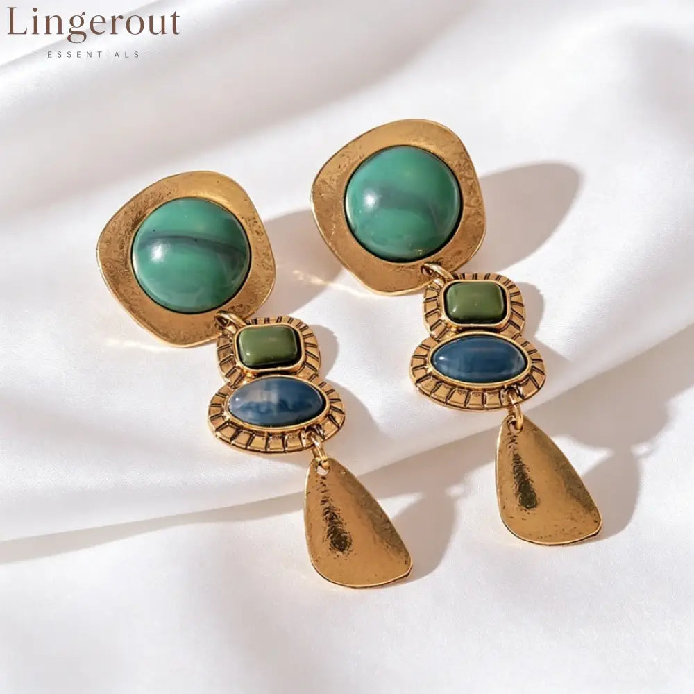 Vintage Multi-Colored Stone Tiered Drop Earrings Antique Gold Plated Boho Statement Dangle Earrings - EH5704