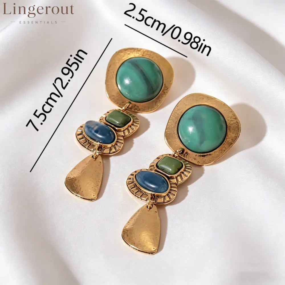 Vintage Multi-Colored Stone Tiered Drop Earrings Antique Gold Plated Boho Statement Dangle Earrings - EH5704
