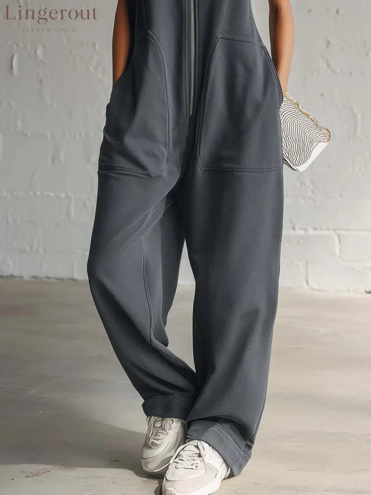 Vintage Nautical Sporty Hooded Sleeveless Front-zip Dark Gray Cotton Jumpsuit