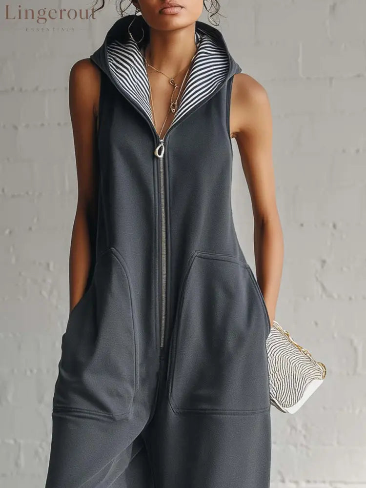 Vintage Nautical Sporty Hooded Sleeveless Front-zip Dark Gray Cotton Jumpsuit
