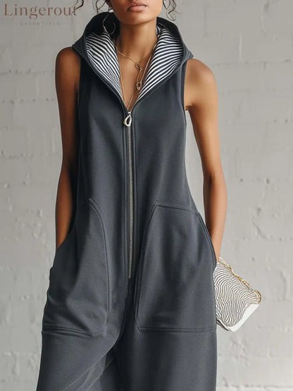Vintage Nautical Sporty Hooded Sleeveless Front-zip Dark Gray Cotton Jumpsuit