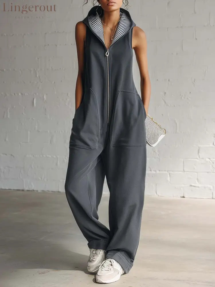 Vintage Nautical Sporty Hooded Sleeveless Front-zip Dark Gray Cotton Jumpsuit - Dark Gray / S