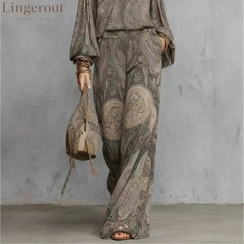 Vintage Paisley Print Long Sleeve Blouse & High Waist Wide Leg Pants 2 Piece Boho Co-Ord Set