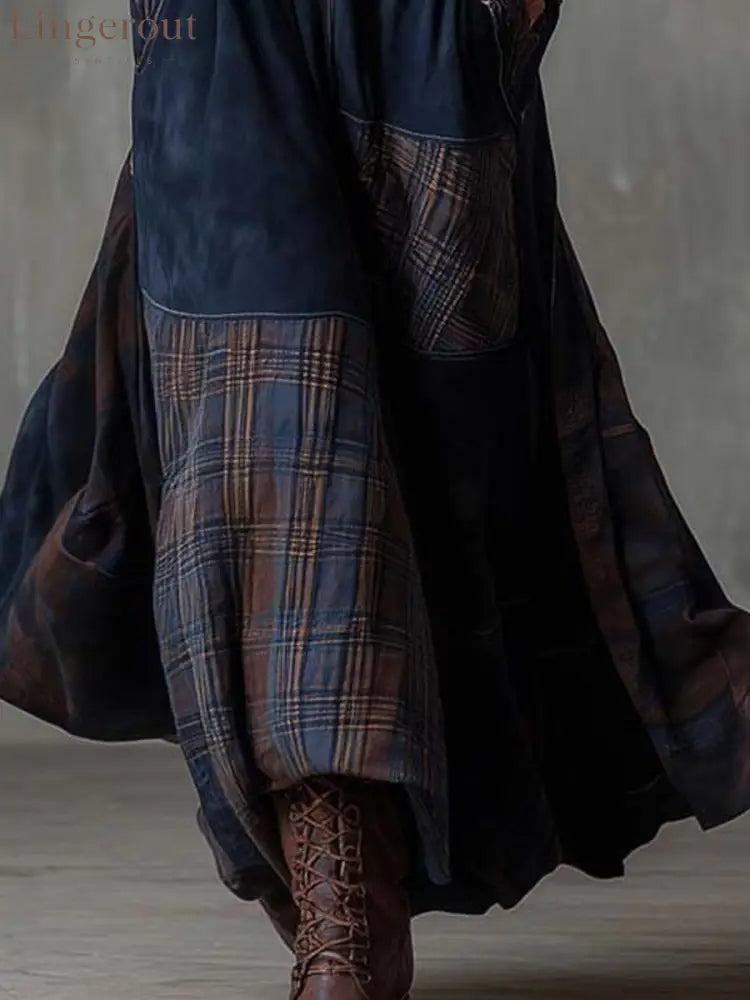 Vintage Patchwork Suede Maxi Dress With Plaid Panels
